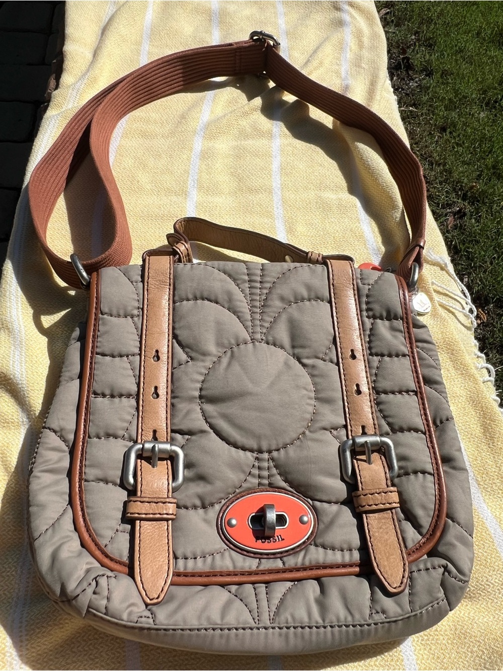 Fossil Quilted Crossbody in Taupe with Tan and Coral Accent